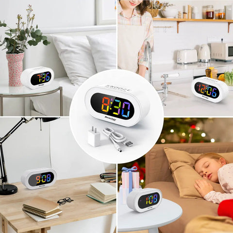Snazzy Compact Colorful LED Digital Alarm Clock With Adjustable Brightness Dimmer And Volume Slider on bedside and desk settings.