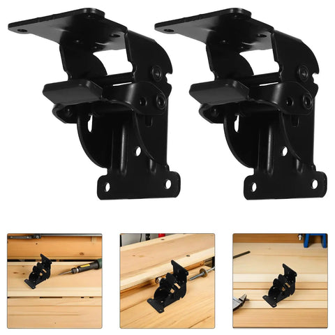 Image of black iron folding leg hinges with anti loosening technology for hidden furniture corner connectors, ideal for cabinets.