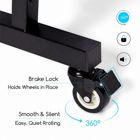 Close-up of the wheel lock on the Badass Heavy Duty Metal Art Storage Rack With Zero Sagging 110 Lb Capacity for easy mobility.