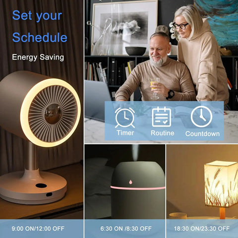 Alexa Only Smart Plug Duo With One Tap Setup And Voice Control, Remote Access, Timer And Schedule, lamp and fan collage