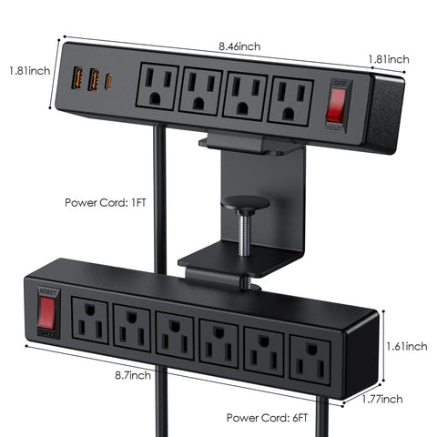 Under Desk Clamp Power Strip With 10 Outlets And 3 USB Ports, 20W USB-C Fast Charge, 6 Ft Cord, Desktop Edge Mount Charging Station, ETL Listed