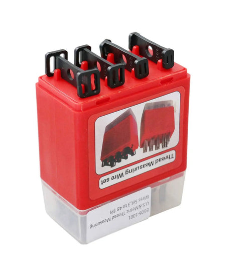 US And Metric Thread Measuring Wire Set With Wire Holders For External Threads 3 Wire Method 48 Pieces In 16 Sizes Measures 3 To 48 TPI And Half Millimeter To Six Millimeter Pitch Case Included EG06 1002 displayed in red and clear case