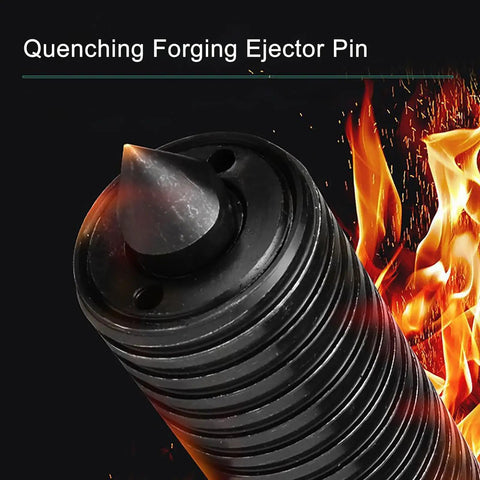 Quenching Forging Ejector Pin with pointed end, showcasing black material and heat effects against a dark background.