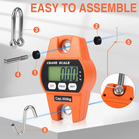 Heavy Duty Digital Crane Scale 660 Pound Capacity With Slick Backlit Lcd Screen assembly parts and scale display close-up.
