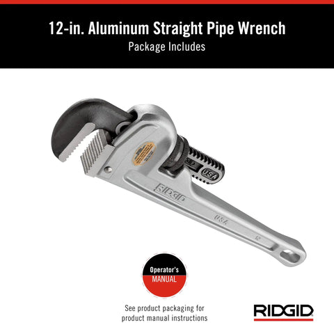 Pro Grade Aluminum 12 Inch Straight Pipe Wrench with floating hook jaw and I-beam handle, silver finish, shown with manual.