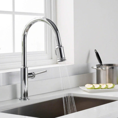Chrome faucet with pull-down sprayer over sink, similar to Sellette Single-Handle Pull-Down Kitchen Faucet With Deck Plate In Oil Rubbed Bronze, Dual-Function Sprayer With Flexible Hose, Splash-Free Aerated Stream To Powerful Spray, Easy Reach For Everyday Rinsing And Scrubbing, Model KPF-1680ORB