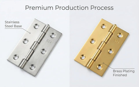 Comparison of stainless steel base and brass plated finish of Four Pack Gold Door Hinges 3 Inch Stainless Steel Butt Hinges