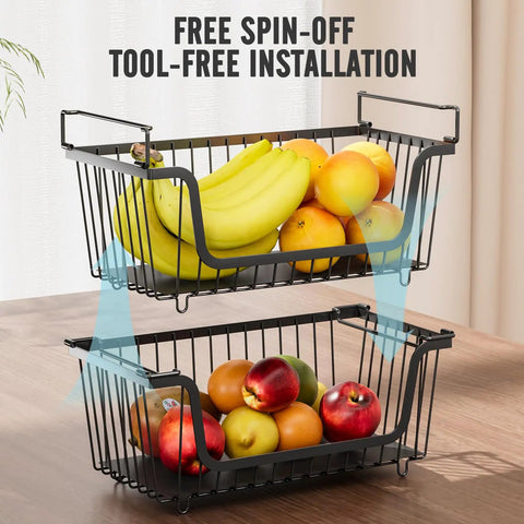 Straight Up Stackable Wire Basket Set For Kitchen Pantry Organization And Bathroom Storage Black Metal Shelf Organizer Crates with fruits.