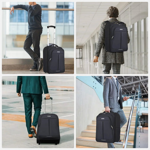 Men using durable rolling backpack carry-on in travel scenes