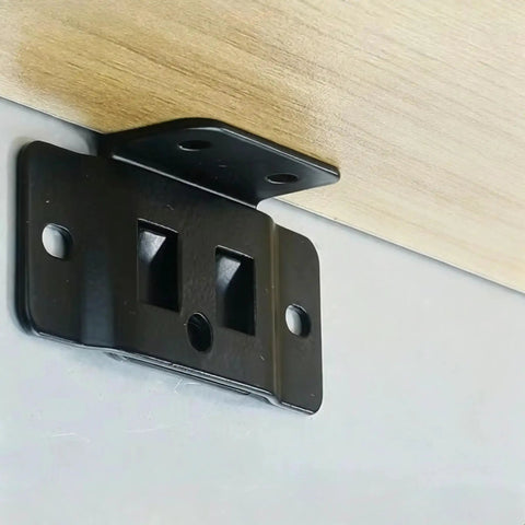 Straight Up Heavy Duty Metal L Bracket 8 Pack Built Tough As Nails For Wood Shelves And Furniture Giving A Zero Hassle Setup For Cabinets And Diy Builds That Handle Serious Weight Daily close-up of black metal L bracket mounted on wood.