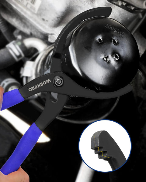 Heavy Duty Universal Oil Filter Wrench Set Featuring Adjustable Pliers And Three Jaw Remover for car maintenance in use close-up.