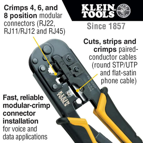 Ratcheting Go-To Modular Crimping And Wire Stripping Tool For RJ22 RJ11 RJ12 RJ45 Connectors shown with features labeled
