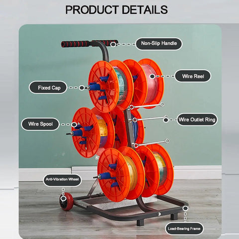 Heavy Duty Wire Spool Rack With Anti Vibration Wheels Keeps 4 To 6 Reels in One Handy Spot, detailed product view