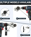 Beefed-Up Heavy Duty Metal Nibbler Drill Attachment on pistol, lithium, and impact drills for clean cuts in metal panels.
