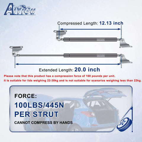 Rock Solid Gas Struts With Brackets, 2-Piece Pack Of 100 Lb Lift Supports That Are Tough As Nails, Perfect For Heavy Cabinet Doors Or Auto Hoods, Measuring 20 Inches, showing compressed and extended lengths.