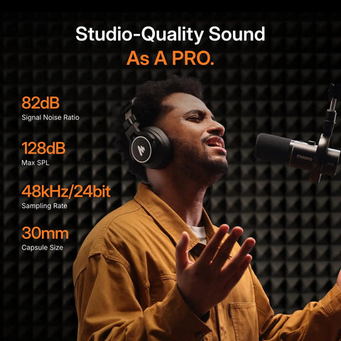 Musician using Hybrid Wireless Podcast Microphone With USB And XLR For PC Mac Phone Tablet, in soundproof studio