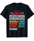 Understanding Engineers Funny Engineering Student T Shirt For Mechanical Civil Aerospace Chemical And Computer Engineers The Perfect Gift For Nerdy Gearheads Who Love Calculations And Laughs, black tee with colorful engineering terms.