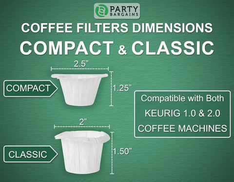 Compact Disposable Coffee Filter Liners For Keurig Reusable Pods, size comparison with classic filters on green background