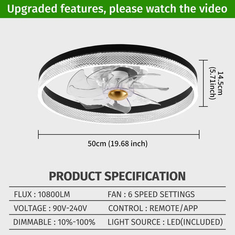 Product specifications of Low Profile Flush Mount Ceiling Fan With Light And Remote Control, 20 Inch DC Quiet 6 Speed Ceiling Fan.