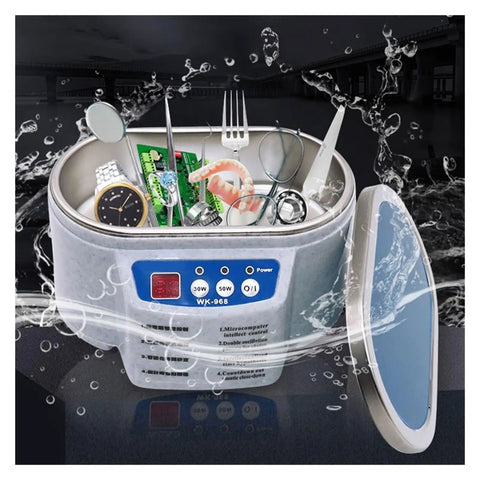 Powerful 628 Ml Ultrasonic Cleaner For Jewelry, Glasses And Circuit Boards With 30W Motor showcasing cleaning bath with assorted items.
