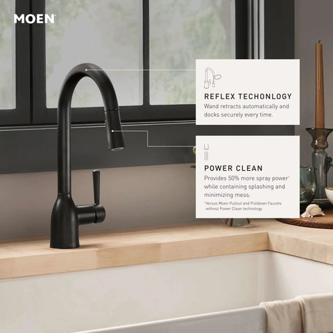 Adler Chrome One Handle Kitchen Faucet With Power Clean Spray And Smooth Reflex High Arc Pull Down Sprayer in a modern kitchen setting.