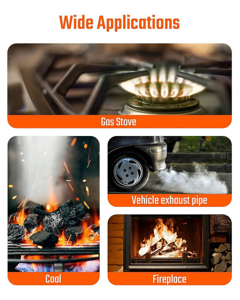 Illustrated uses for Portable Carbon Monoxide Detector With Audible And Visual Alarm And Backlit LCD For Home Car Camping And Travel Zero To Five Thousand PPM Includes Batteries And Carrying Case Orange, featuring gas stove, vehicle exhaust pipe, coal, and fireplace.