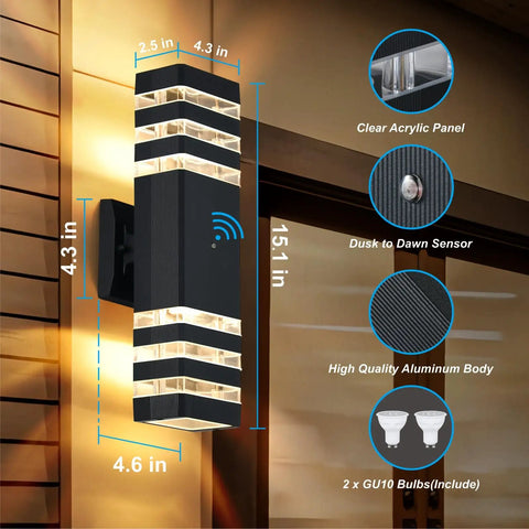 Dusk To Dawn Outdoor Wall Lights Set And Forget Auto On Sensor Up And Down Modern Exterior Sconce with dimensions and features