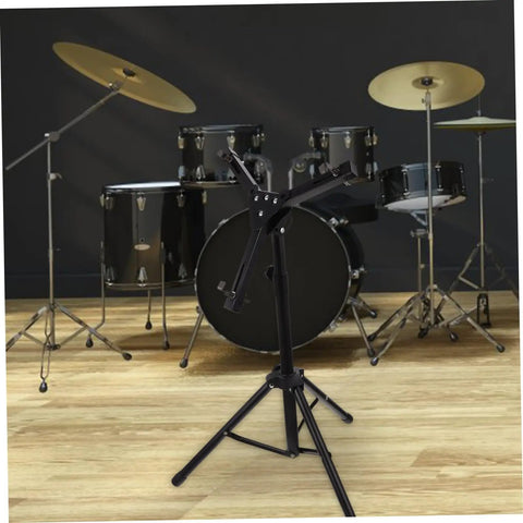 Flat Out Killer Heavy Duty Alloy Drum Rack Featuring A Folding Snare Stand And Fully Adjustable Tripod Shelf in matte black, positioned in front of a drum kit.