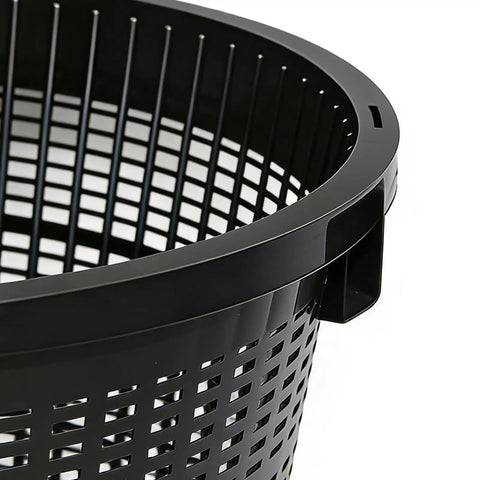 Close-up of black rugged hydroponic net cups and heavy duty plant holders for indoor and outdoor gardens, reusable weather resistant mesh pots
