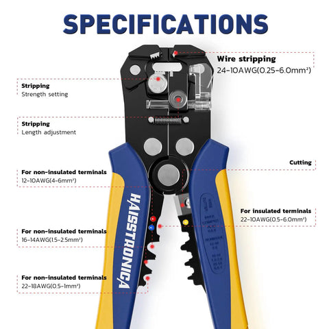 3-in-1 automatic wire stripper tool showing specifications for 120Pcs Solder Seal Wire Connector Kit With 3 In 1
