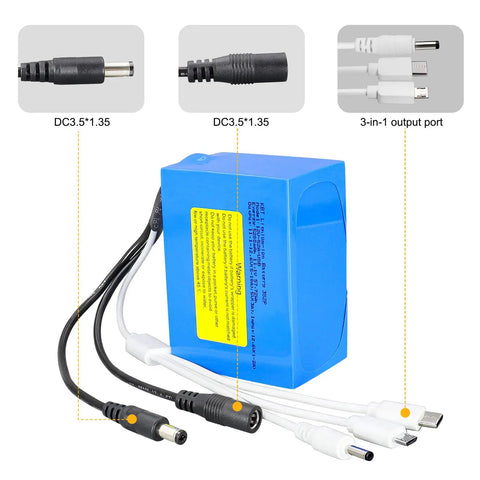 Go-To 12V 5200mAh Rechargeable Lithium Battery Pack with charger and DC5521 connector, 5V/12V output, 3-in-1 USB port shown.