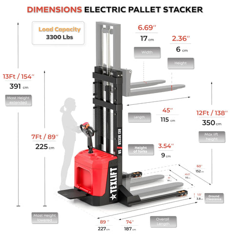 Diagram showing dimensions of Rock Solid Electric Walkie Pallet Stacker And Integrated Stand Crushes 3300 Lb Loads Without Breaking A Sweat.