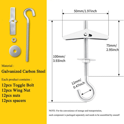Heavy Duty Steel Toggle Bolts With Swag Hooks For Drywall Mounting, 12 pc set, galvanized steel, 100mm length.