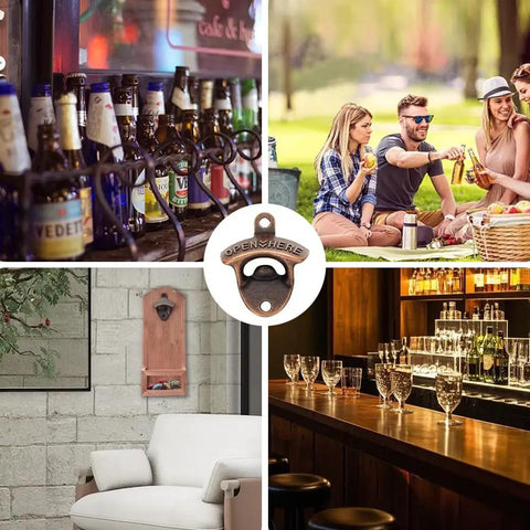 Badass 2 Pack Wall Mounted Beer Bottle Opener, Rustic Heavy Duty Metal For Bars And Game Rooms, Easy setup image collage.