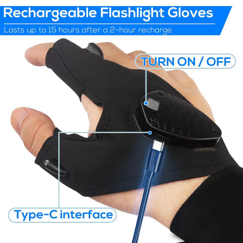 Led Flashlight Gloves Rechargeable Hands Free Light For Fishing Camping Repairs And DIY Projects Must Have Gift For Men Dad Boyfriend Christmas Stocking Stuffers White Elephant Gifts, black glove with LED light and Type-C interface