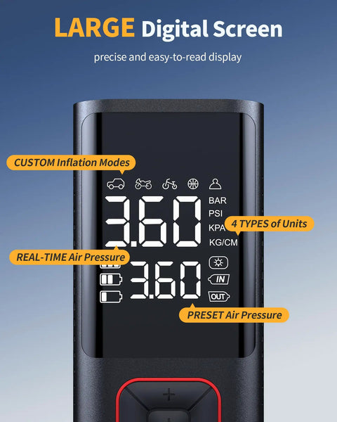 On The Go Cordless Tire Inflator Portable Air Compressor 150 PSI Auto Shutoff LED display with pressure settings screen