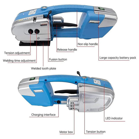 Automatic Strapping Machine For Quick One-Handed Packing featuring labeled components like tension adjustment and non-slip handle.