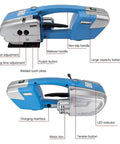 Electric Strapping Machine With 3000mAh Battery Automatic Banding Tool for PP and PET Straps showing components and features.