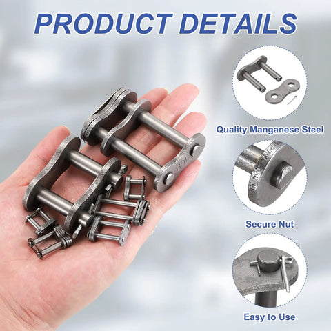 Durable Three Piece Manganese Steel ANSI 120 Roller Chain Connecting Link Master Plate in hand with secure nut and fasteners.
