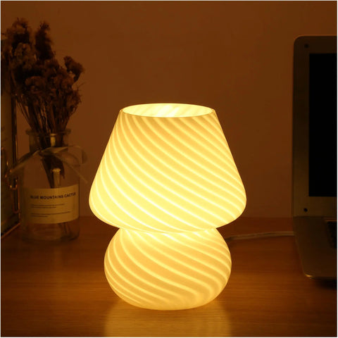 Mushroom Glass Table Lamp With White Stripe, Vintage Murano Inspired Night Light For Bedroom And Living Room, lit on a desk