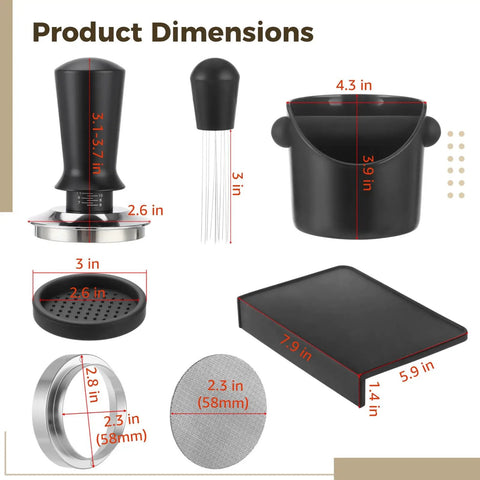 Product dimensions for Kickstart Your Daily Grind With This Dope 6 Piece Espresso Accessory Kit including tamper and funnel.