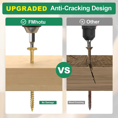 Comparison of Heavy Duty Outdoor Deck Screws 4 And A Half Inch 50 Pack Star Drive Wood Screws For Timber Log And Landscaping Projects Tough As Nails Rust Resistant Tan Size 14 X 4 And A Half Inches and standard screws, showing anti-cracking design.