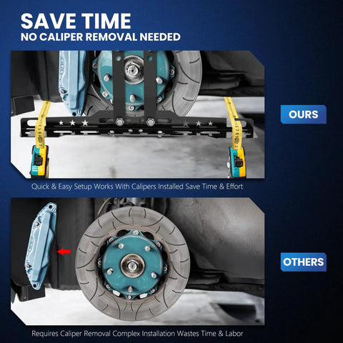 Comparison image of Quick Snap Knockdown Wheel Alignment Kit With Removable Toe Plates and Center Bar showing easy setup with calipers.