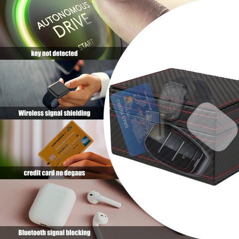 Faraday Key Fob Box For Car Keys, RFID Signal Blocking Case showing key, credit card, AirPods and wireless signal blocking features
