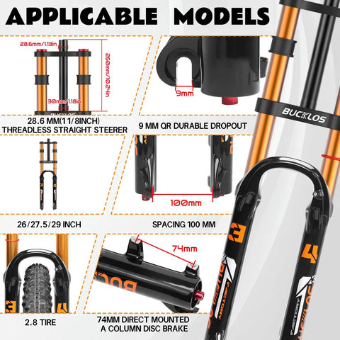 29 Inch MTB Front Fork With Air Suspension 180mm Travel Rebound Adjust Manual Lockout Double Crown 34mm Stanchions One And One Eighth Threadless Straight Tube 9x100mm Quick Release Disc Brake Ready For Tough Trails features