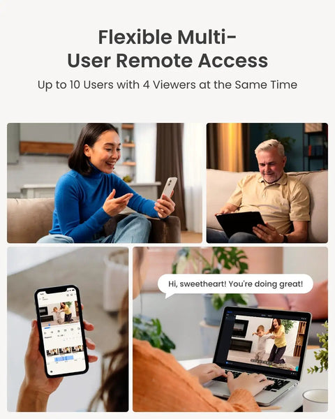 People using smartphones and laptops with 4MP HD Plug In Indoor Security Camera System With Pan Tilt And WiFi 6 Baby Monitor displayed.