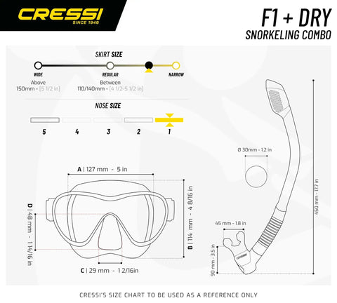 Diagram of Frameless Snorkel Mask Kit With Dry Top Snorkel Ultra Clear Lenses Low Volume Design showing measurements