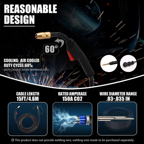 15 Foot M-150 MIG Welding Gun Replacement for Miller Millermatic Series and Hobart IronMan 210 Stinger Torch image showing design specs.