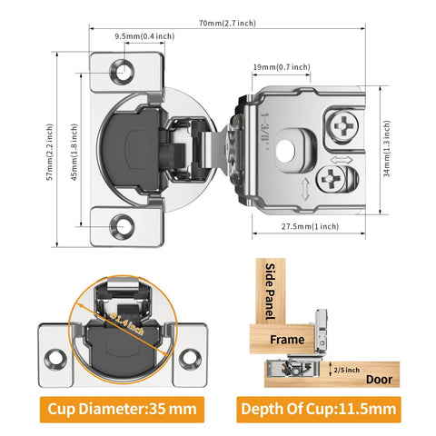 Technical illustration of 50-Pack 1-3/8 Inch Overlay 3D Adjustable Soft Close Concealed Hinges with dimensions and installation details.