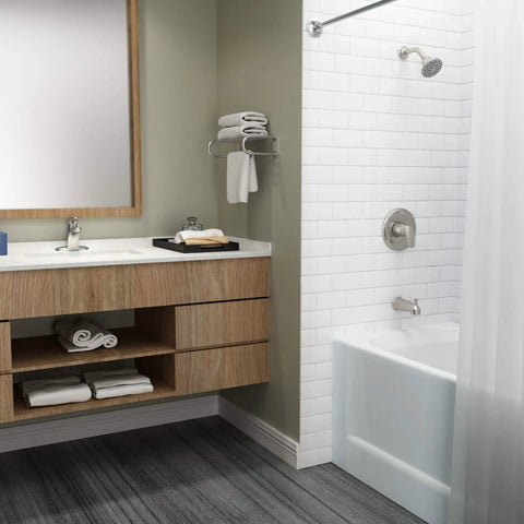 Modern bathroom with Colony Pro One-Handle Bathroom Faucet With Metal Drain, 1.2 GPM, Brushed Nickel Finish on vanity